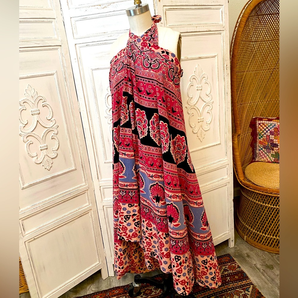 Vintage Indian Block Print Wrap Maxi Skirt Hippie Festival Boho Pink Peacock - Picture 4 of 11